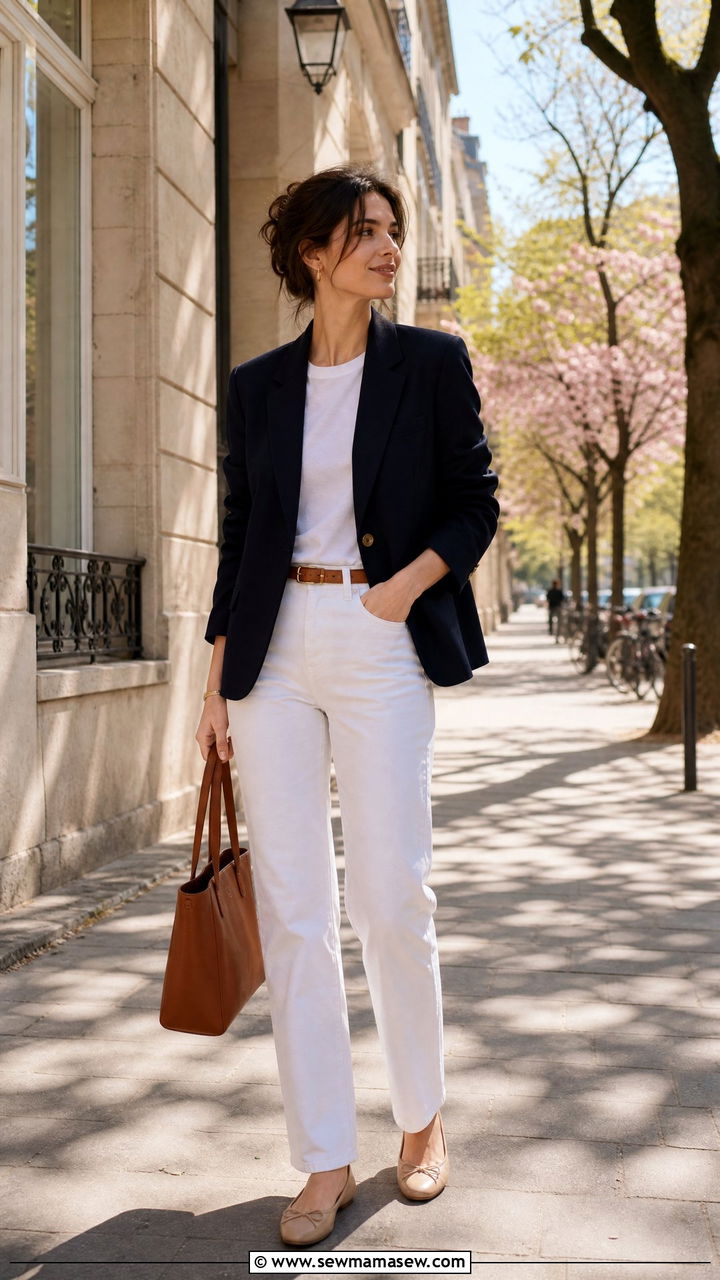 Navy blazer white jeans ballet flats - 30 French girl outfit ideas for brunch