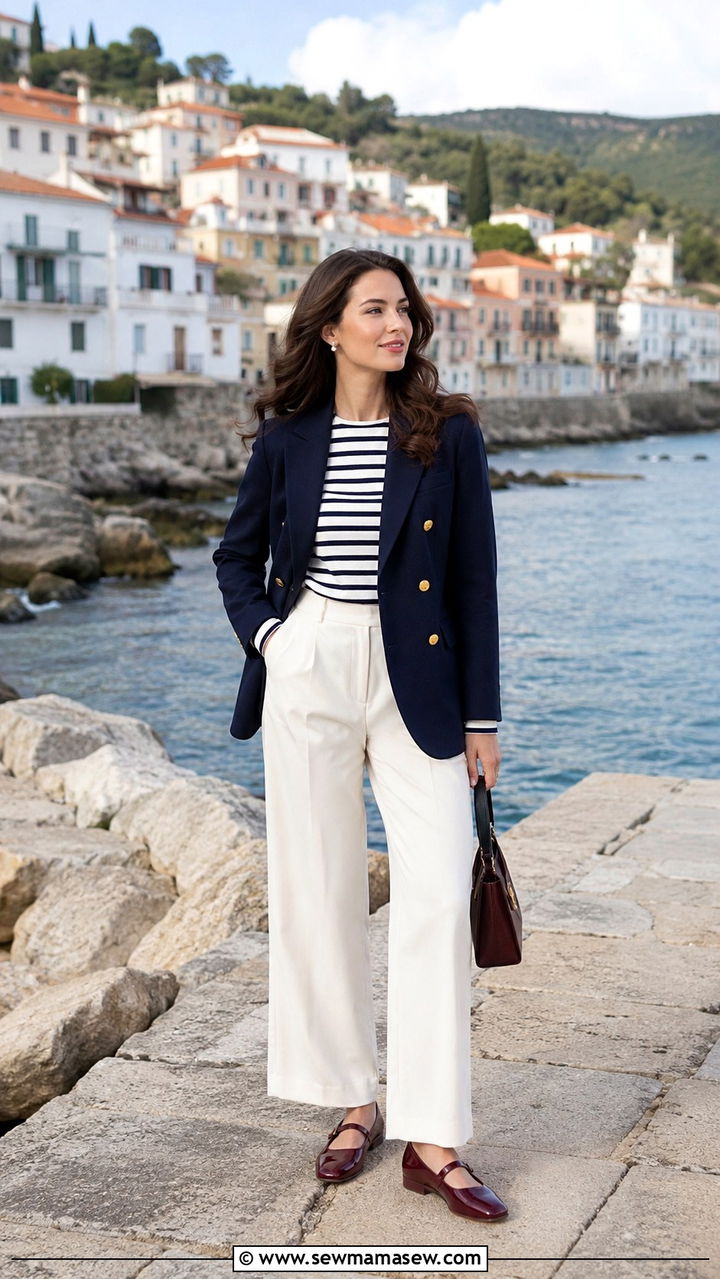 Navy blazer with Breton stripe top and white trousers - 25 Old money outfit ideas with Mary Jane flats