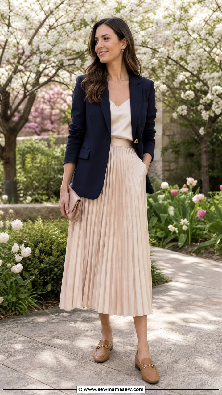 Navy blazer with a pleated midi skirt - 25 Spring outfits with loafers