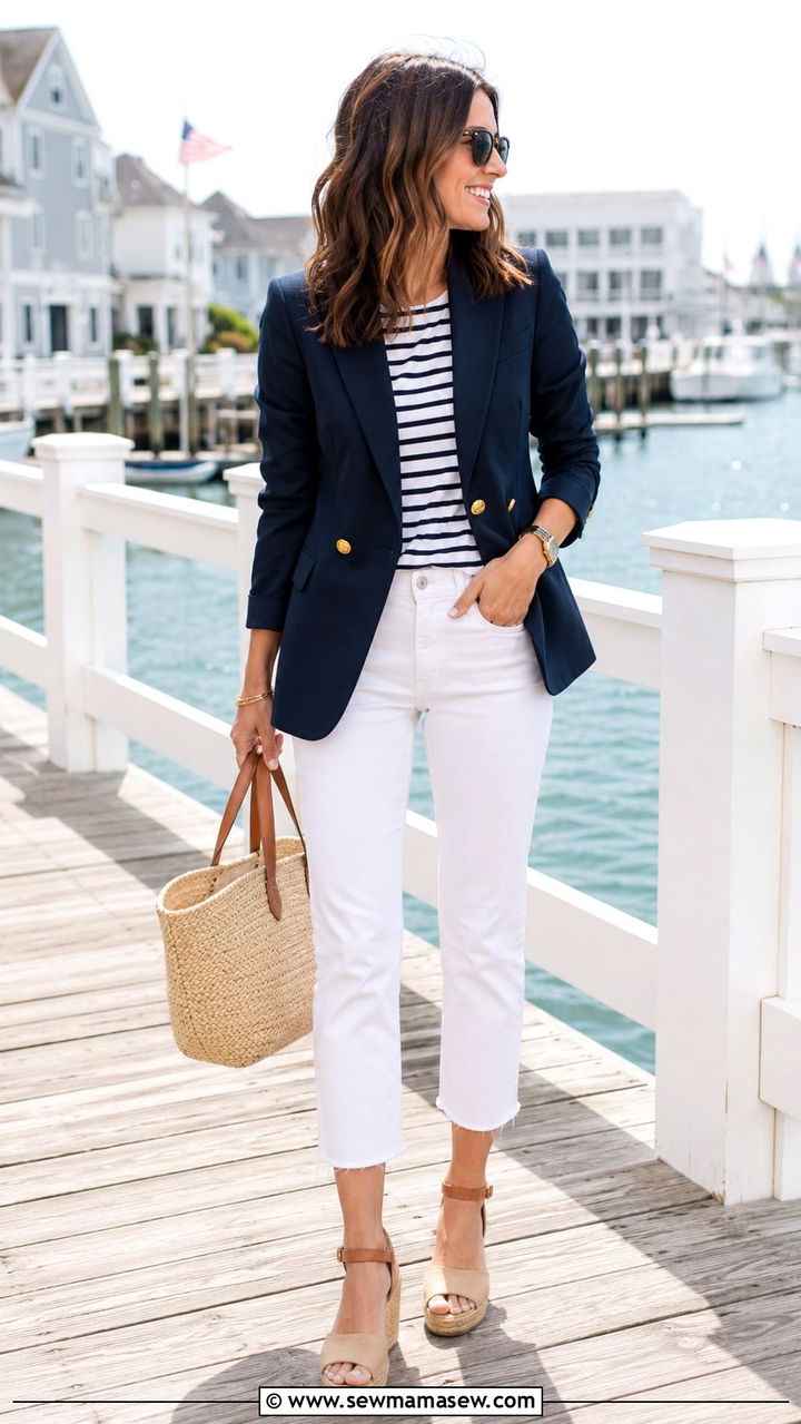 Navy blazer with a striped tee and white cropped jeans and espadrilles - 30 Spring outfits with blazers