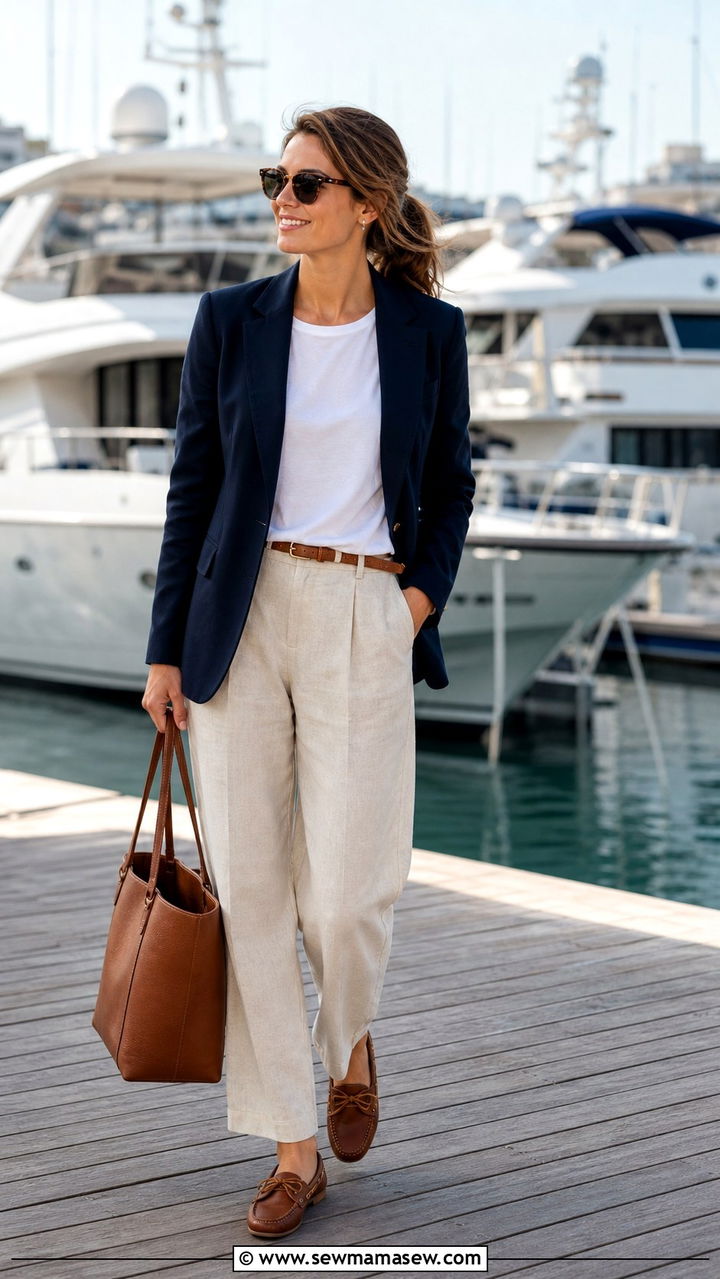 Navy blazer with a white tee beige linen trousers and boat shoes - 40 Coastal spring outfits