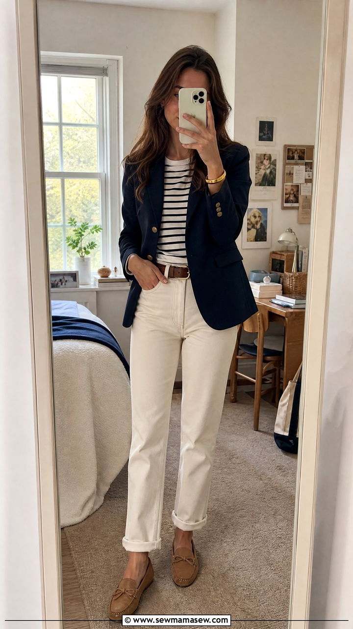 Navy blazer with cream jeans and a striped top - 25 Old money outfit ideas for college