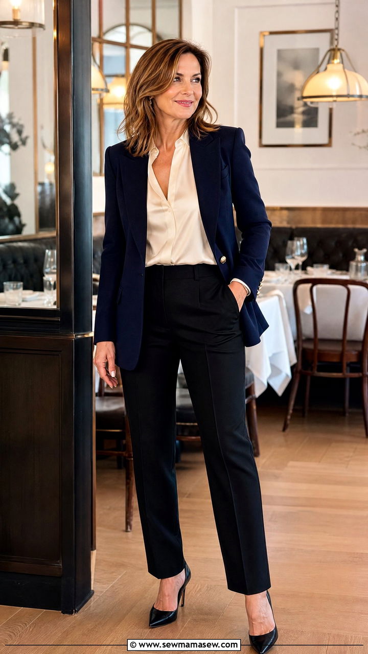 Navy blazer with silk blouse and black trousers - 30 parisian outfit ideas for women over 40