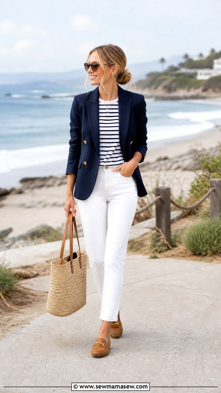 Navy blazer with striped tee and white jeans - 40 classy outfits for women