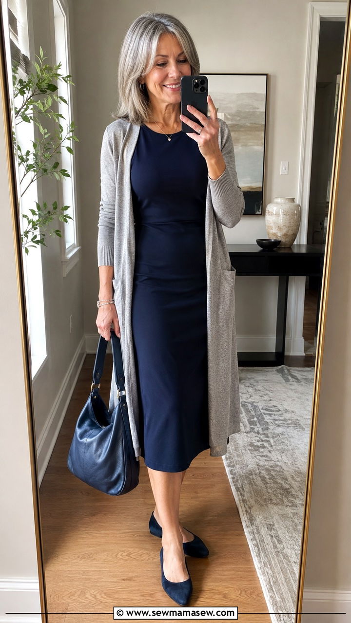 Navy blazer with striped tee outfit over 50 - 30 Midsize outfits for women over 50