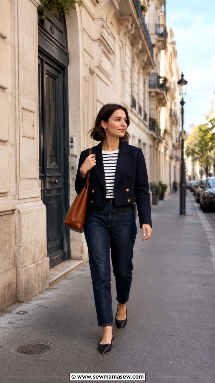 Navy blazer with striped top and jeans petite - 30 classy outfits for short women