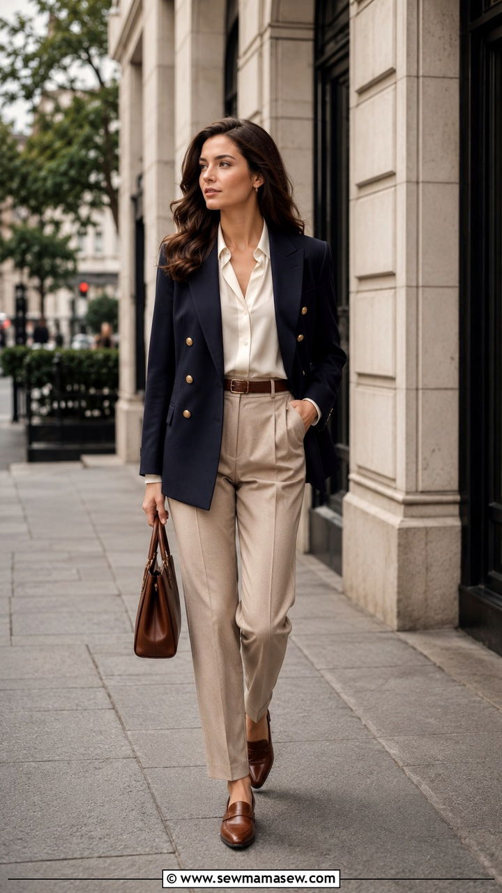 Navy blazer with tailored trousers - 25 Old money outfit ideas with trousers