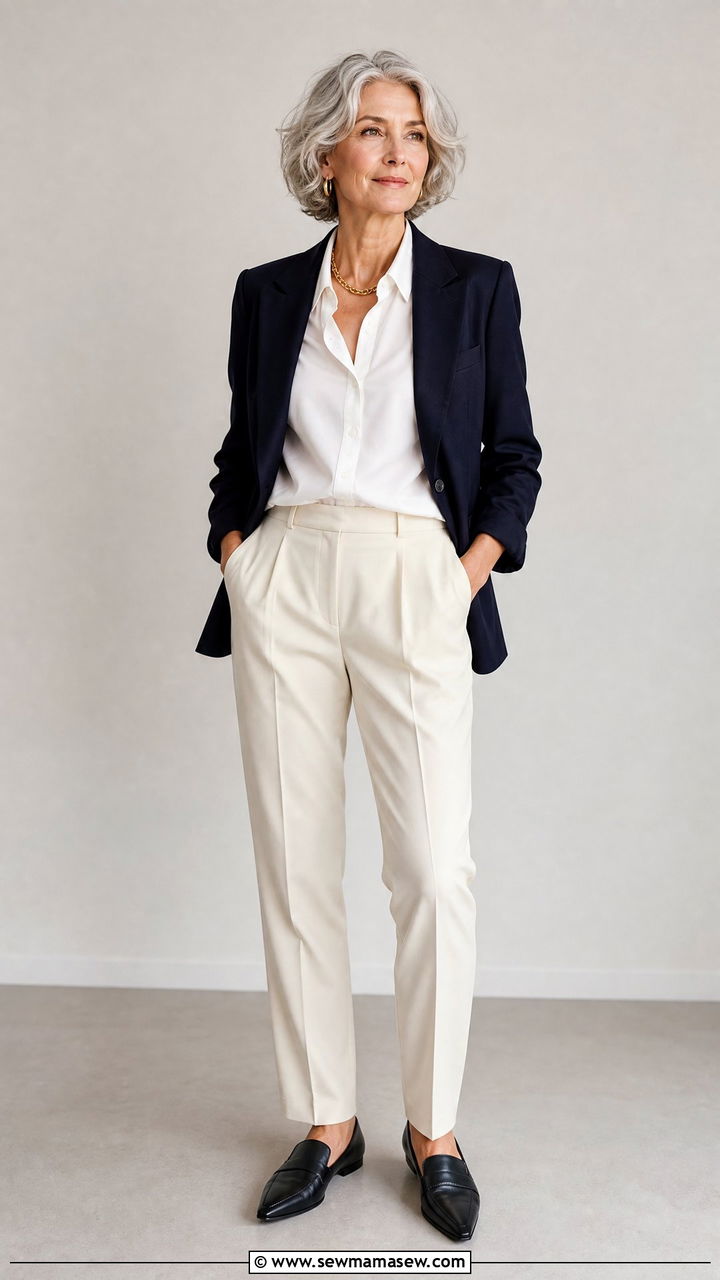 Navy blazer with white button down shirt - 30 French girl outfit ideas for women over 60