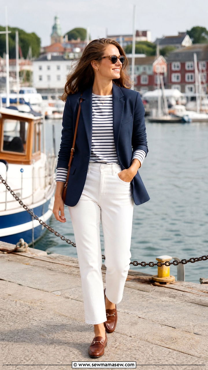 Navy blazer with white jeans and striped tee - 25 How to style a blazer in summer