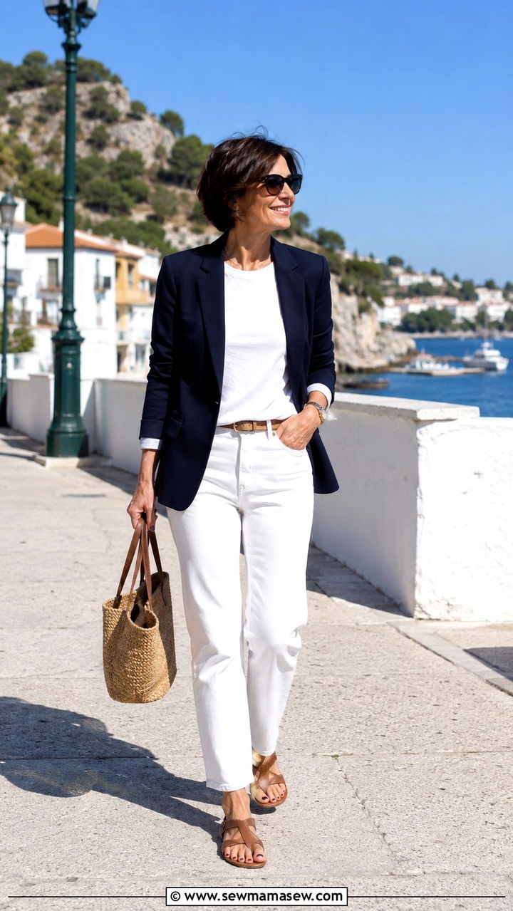 Navy blazer with white jeans outfit - 25 Quiet luxury outfit ideas for women over 40