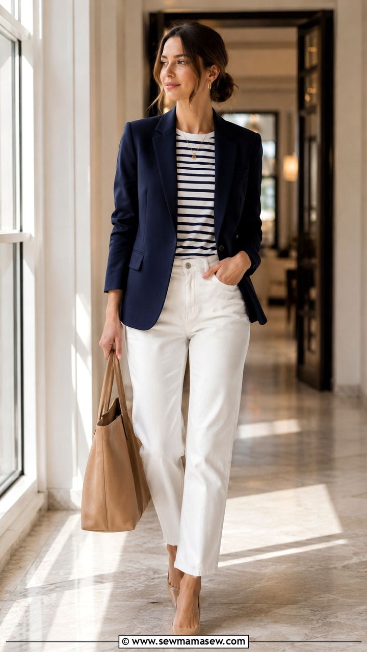 Navy blazer with white jeans - 30 Office outfits with blazer