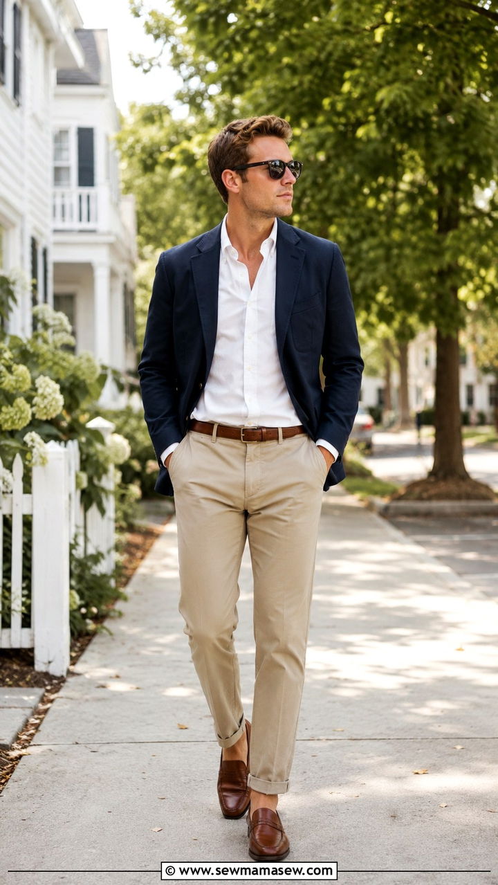 Navy blazer with white linen shirt and khaki chinos - 30 Real estate agent outfit ideas