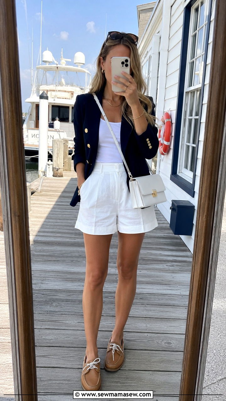 Navy blazer with white shorts - 25 Yacht club outfit ideas