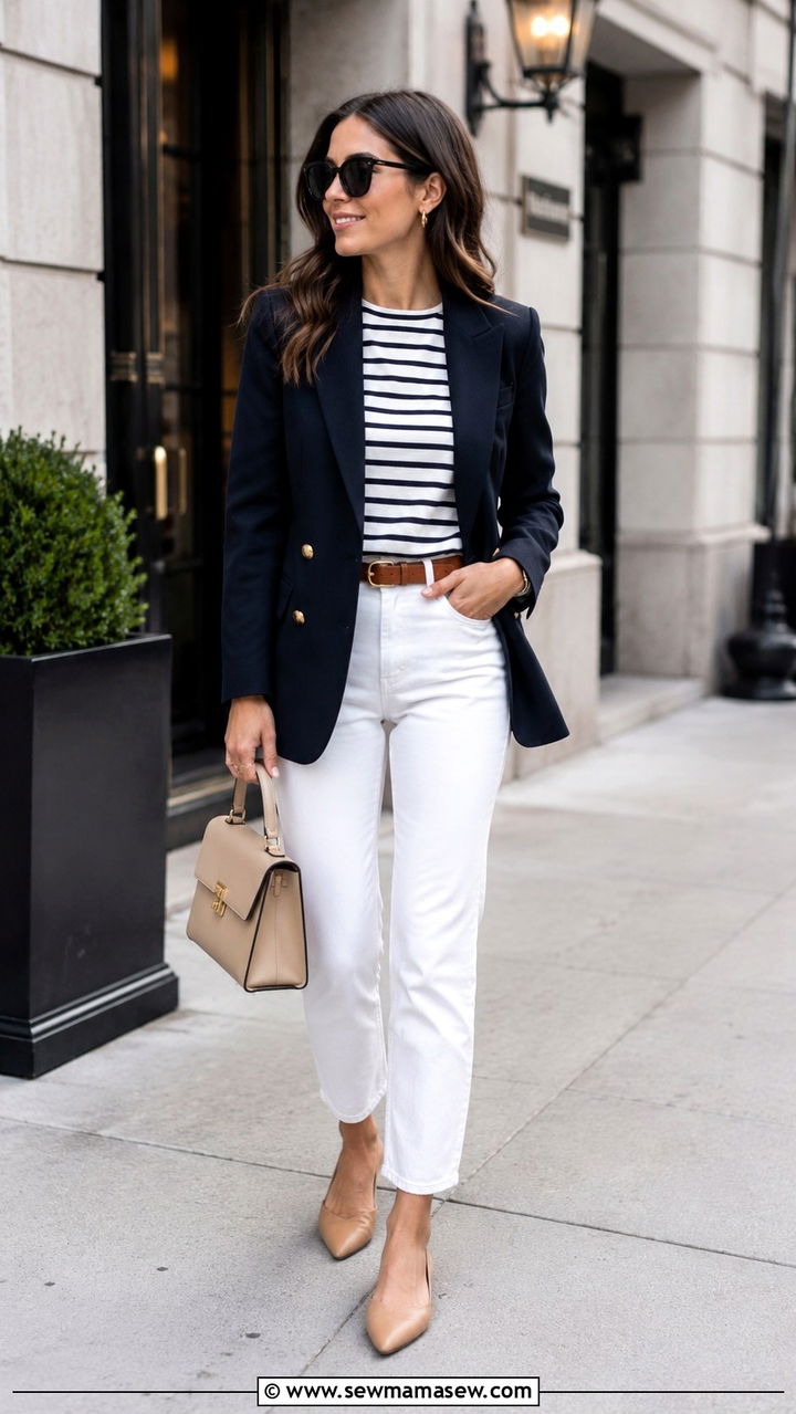 Navy blazer with white straight jeans and a striped boatneck tee - 25 Petite French girl outfit ideas