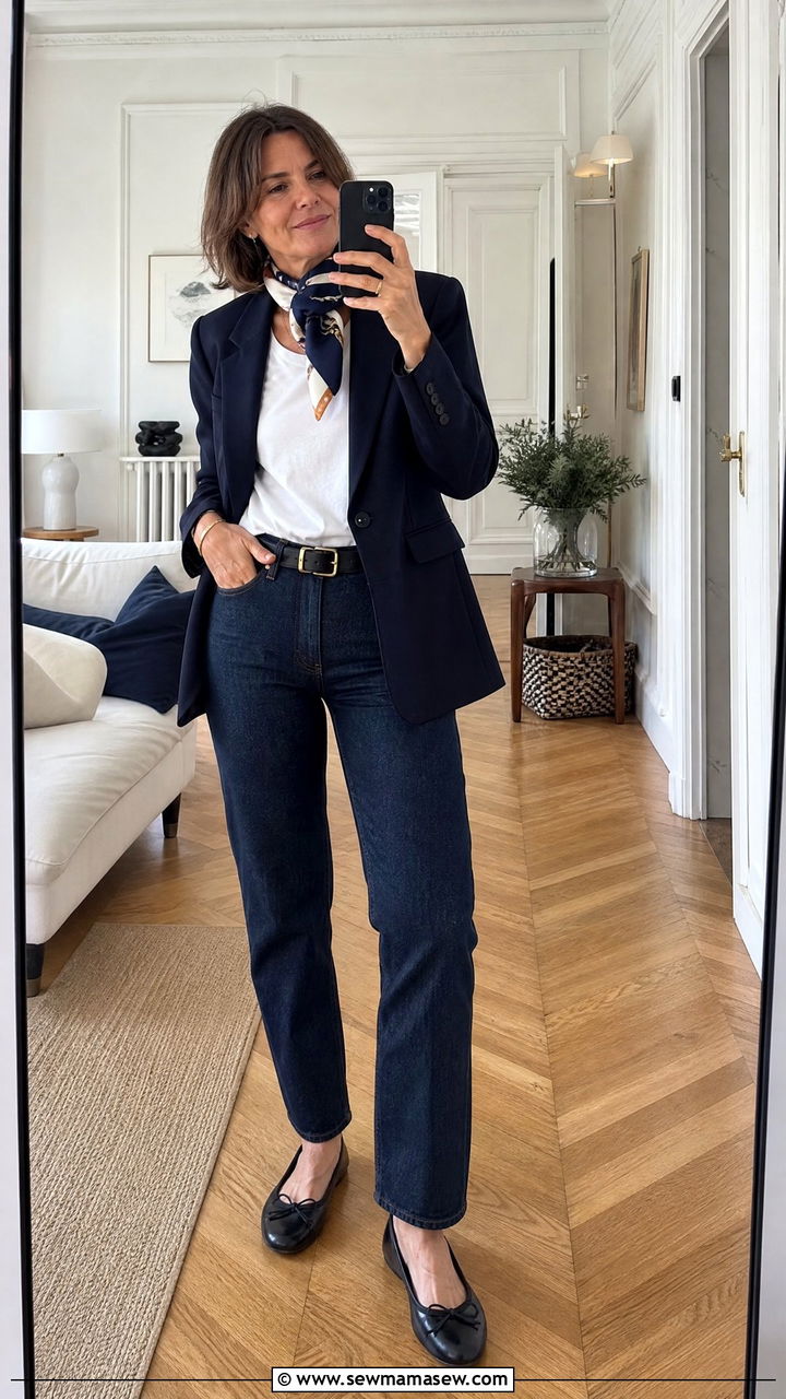 Navy blazer with white tee and straight leg dark jeans - 35 French girl outfit ideas for women over 50
