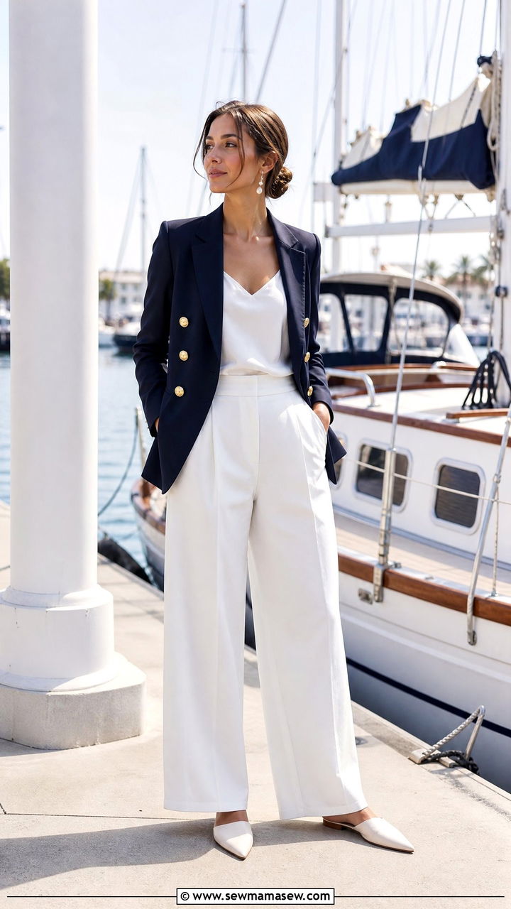 Navy blazer with white wide leg trousers sailing outfit - 25 Sailboat outfit ideas