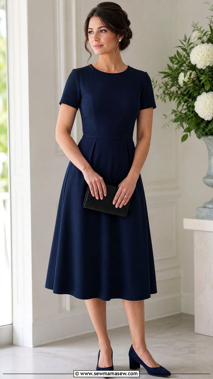 Navy blue A line dress with block heels funeral - 40 Funeral outfit ideas