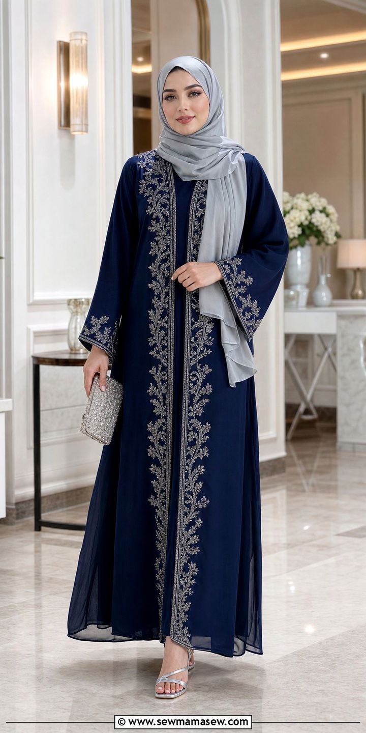 Navy blue abaya with silver embroidery - 25 Eid outfit ideas with abaya