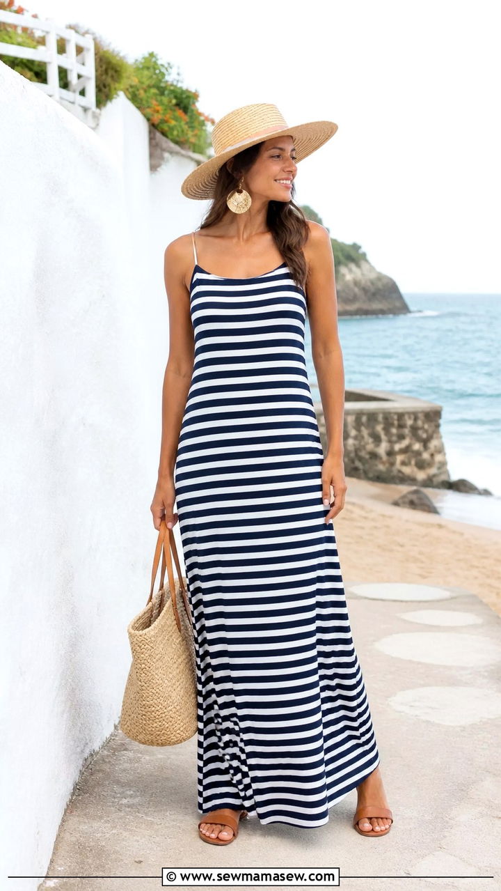 Navy blue and white striped maxi dress outfit - 40 Blue and white outfit ideas
