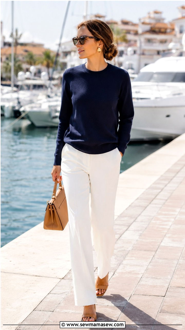 Navy blue crewneck sweater and white trousers - 30 Sweater and pants matching set outfit ideas