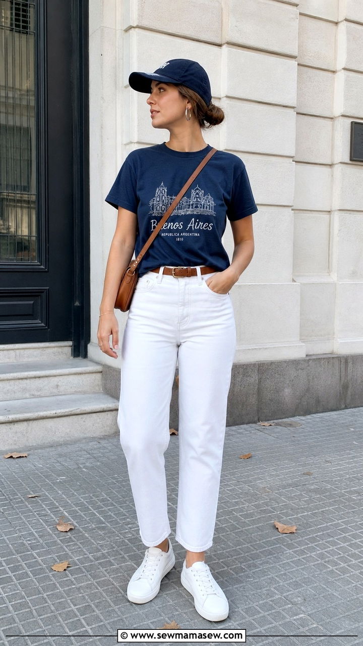 Navy blue graphic tee with white jeans outfit - 40 Navy blue outfit ideas
