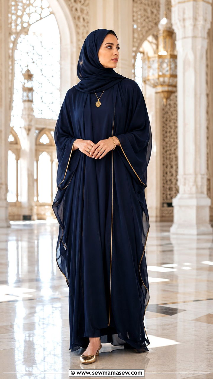 Navy blue kaftan with gold accents and metallic flats - 20 Modest outfit ideas for mosque visit