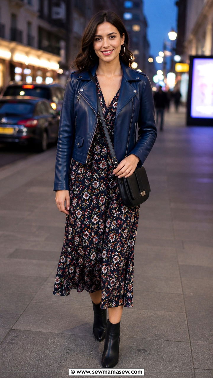 Navy blue leather jacket with floral dress outfit - 40 Navy blue outfit ideas