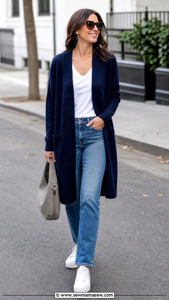 Navy blue long cardigan with white tee and jeans outfit - 40 Navy blue outfit ideas