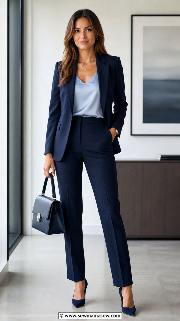 Navy blue pleated midi skirt with black turtleneck outfit - 40 Navy blue outfit ideas