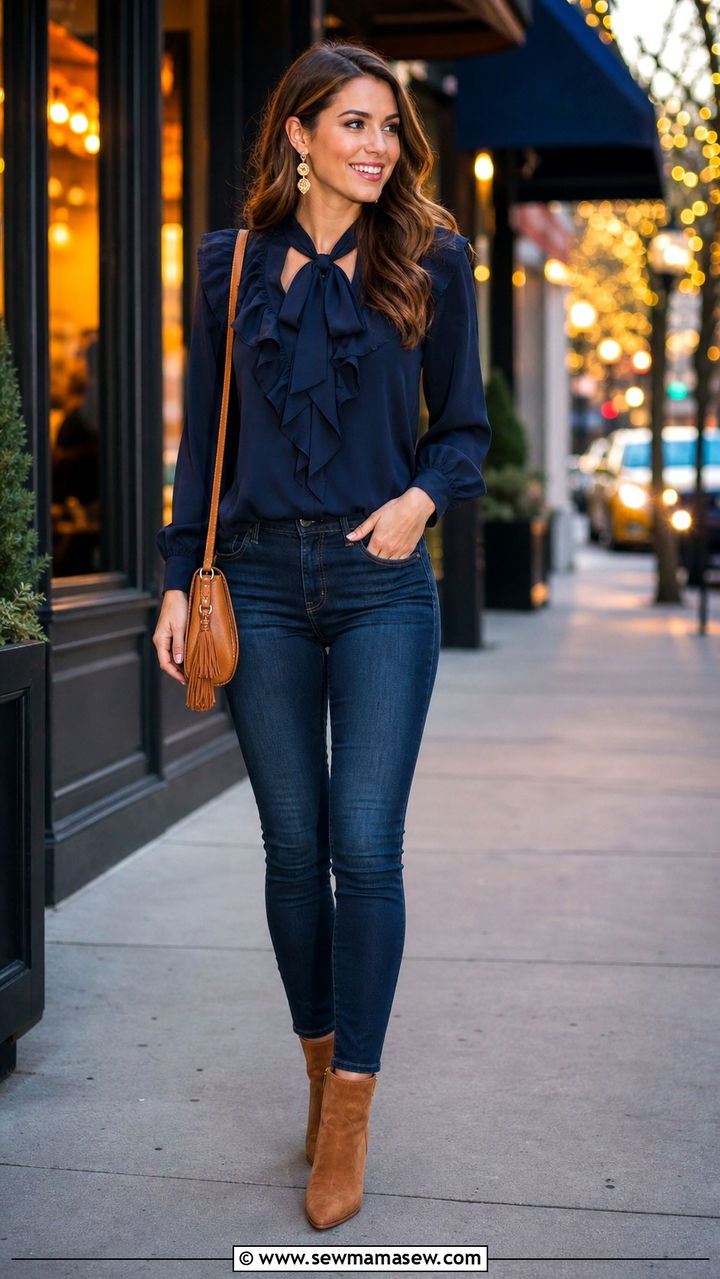 Navy blue ruffled blouse with dark denim outfit - 40 Navy blue outfit ideas