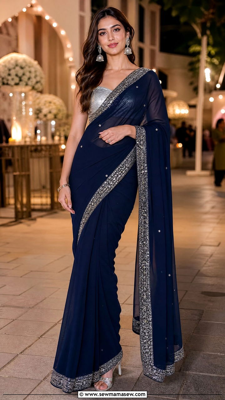 Navy blue saree with silver border - 25 Iftar party outfit ideas