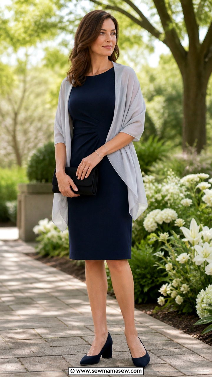 Navy blue sheath dress with lightweight shawl funeral - 40 Funeral outfit ideas