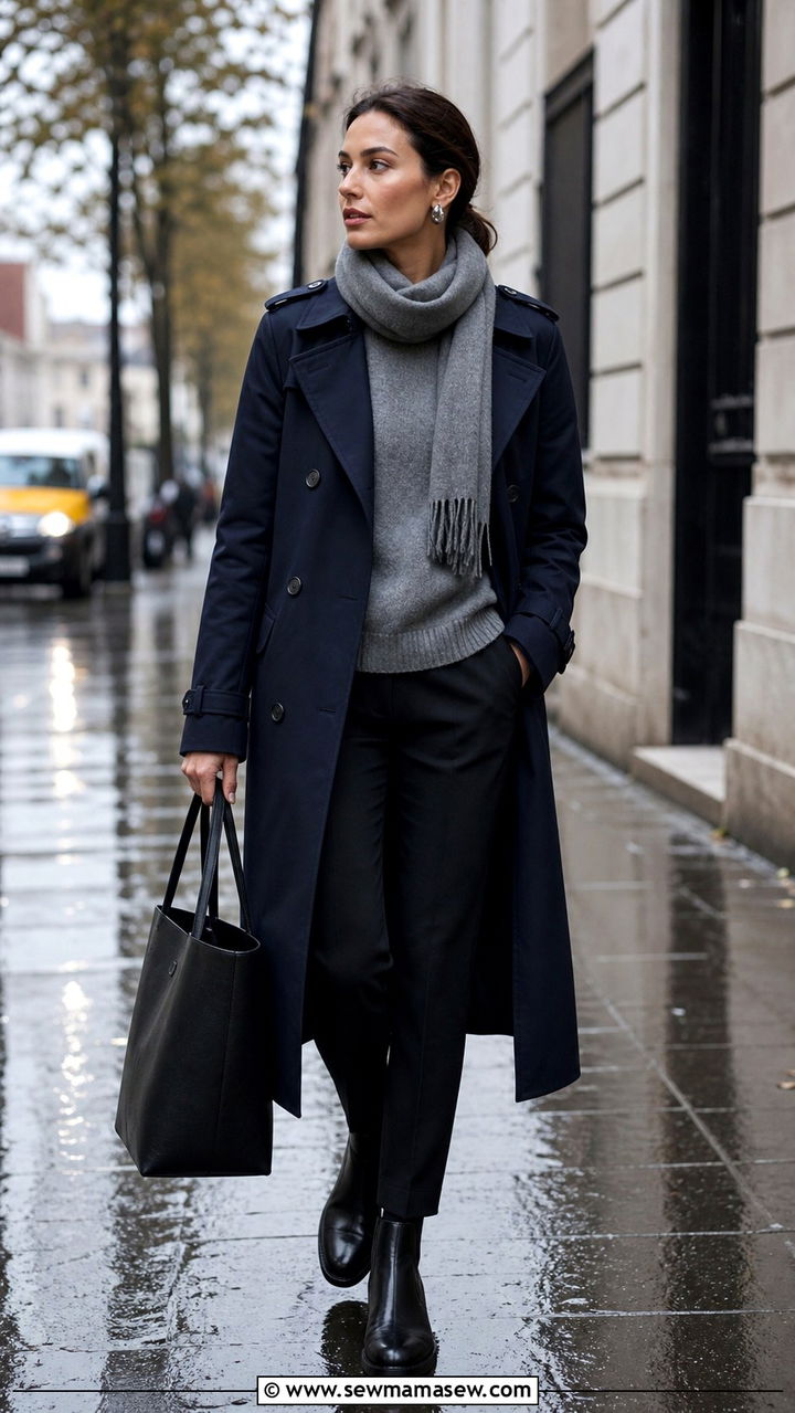 Navy blue trench coat layered outfit - 40 Navy blue outfit ideas