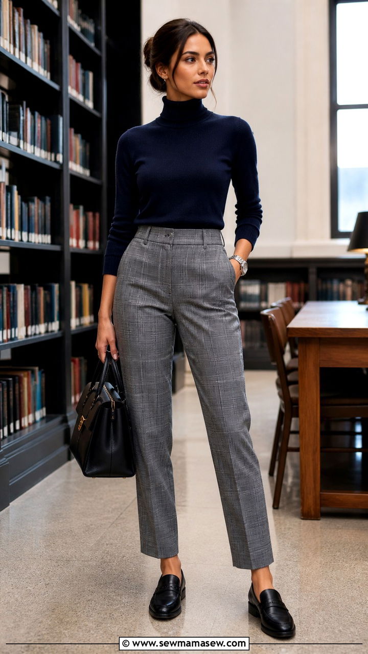 Navy blue turtleneck with grey plaid trousers outfit - 40 Navy blue outfit ideas