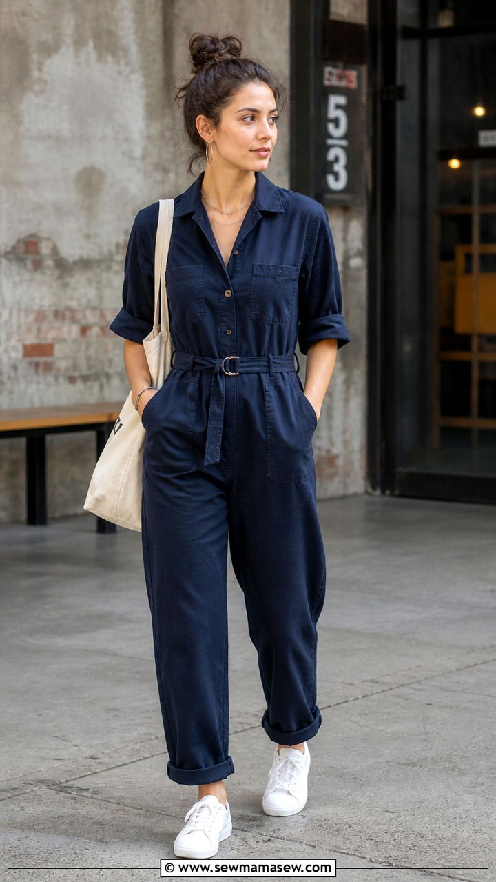 Navy blue utility jumpsuit with belt outfit - 40 Navy blue outfit ideas