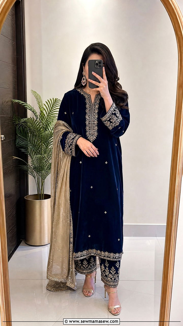 Navy blue velvet suit with ornate straight pants - 25 Iftar party outfit ideas