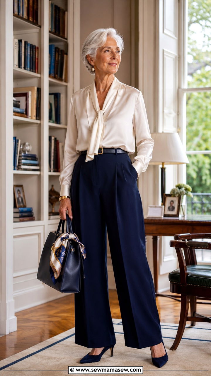 Navy blue wide leg trousers with silk blouse - 20 Christine Lagarde style outfit ideas