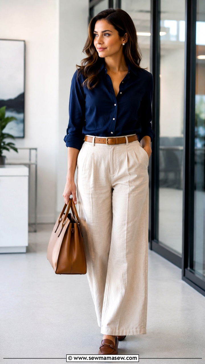 Navy button down with beige wide leg linen pants - 25 Wide leg linen pants outfit ideas with a button down