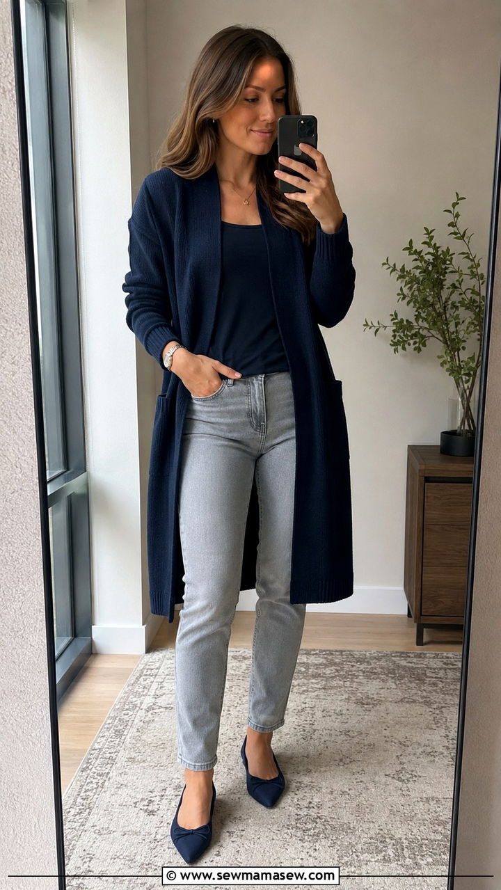 Navy cardigan with gray jeans and ballet flats - 25 Work outfit ideas for Wednesday