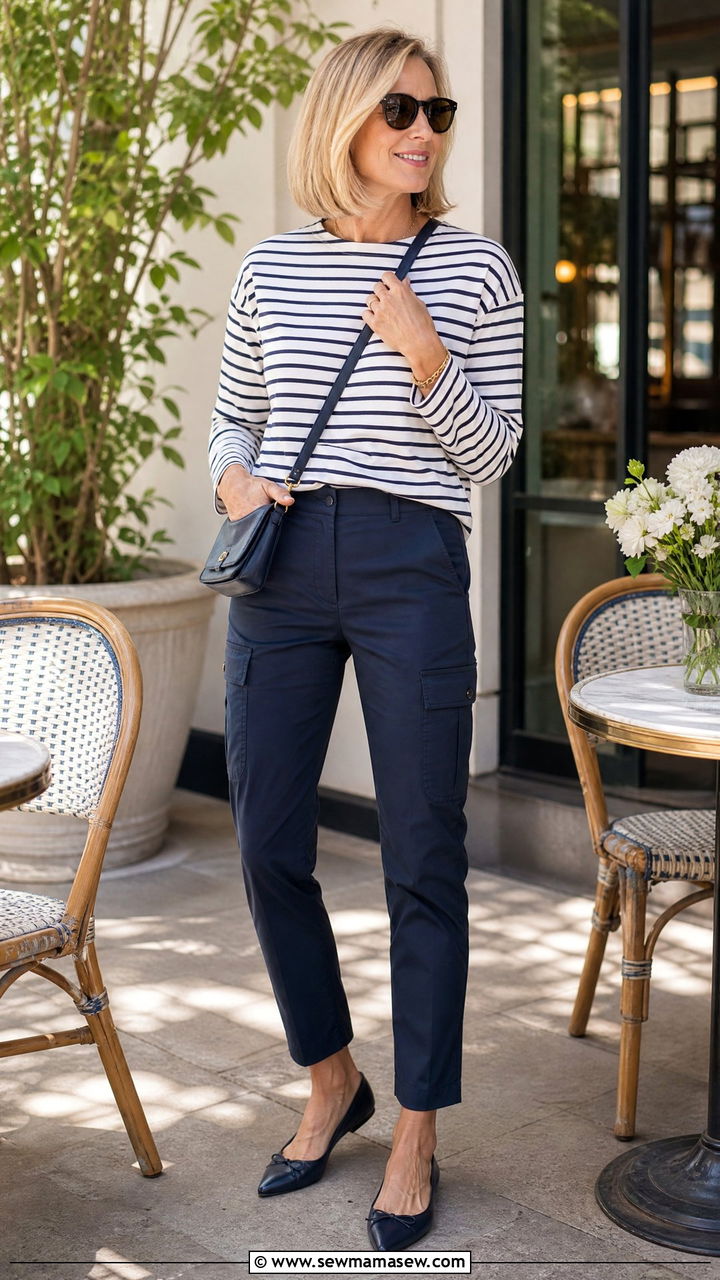 Navy cargo pants with striped tee and flats - 25 Cargo pants outfit ideas for women over 40