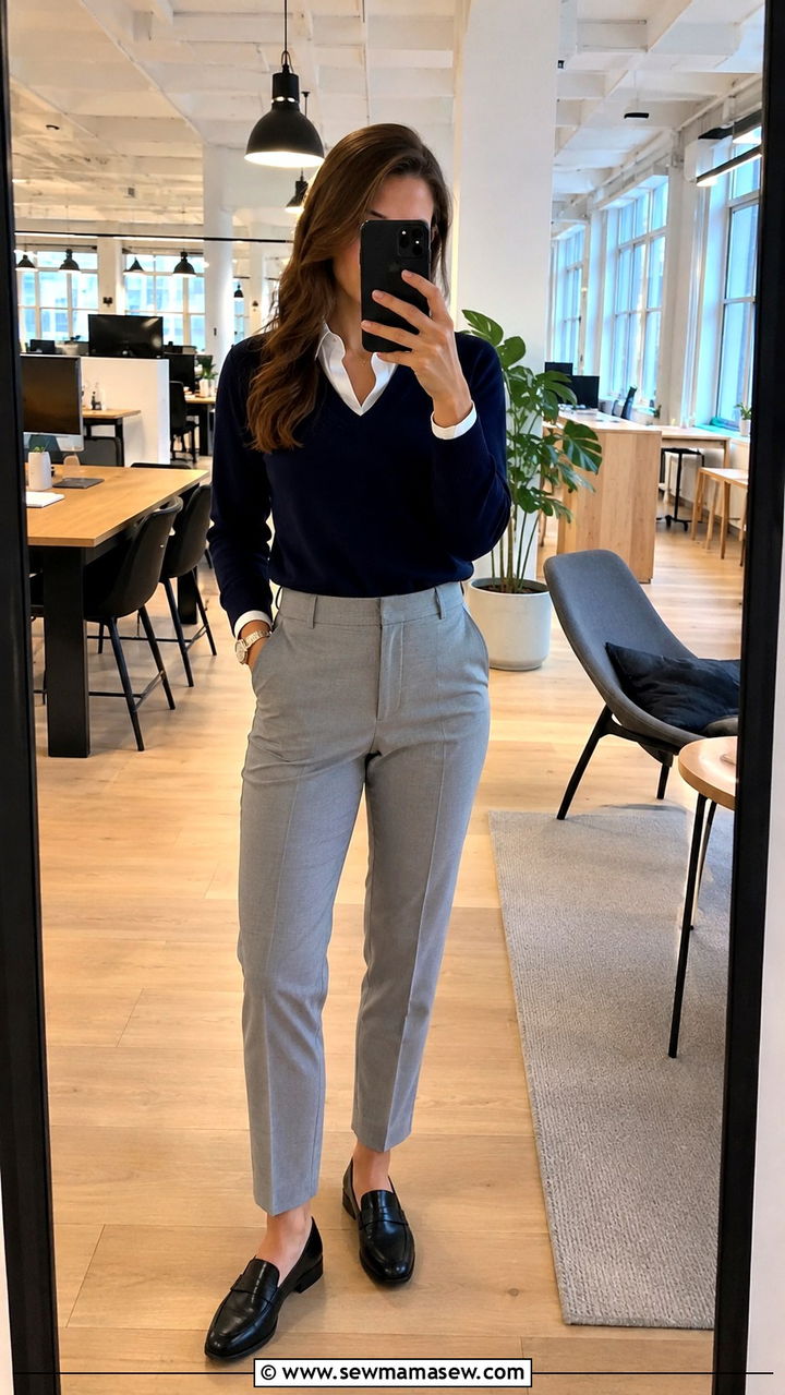 Navy cashmere sweater with gray trousers interview - 25 seasonal job interview outfit ideas