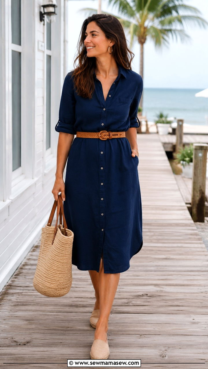 Navy chambray shirt dress with woven leather belt and flat espadrilles - 30 Business travel capsule wardrobe