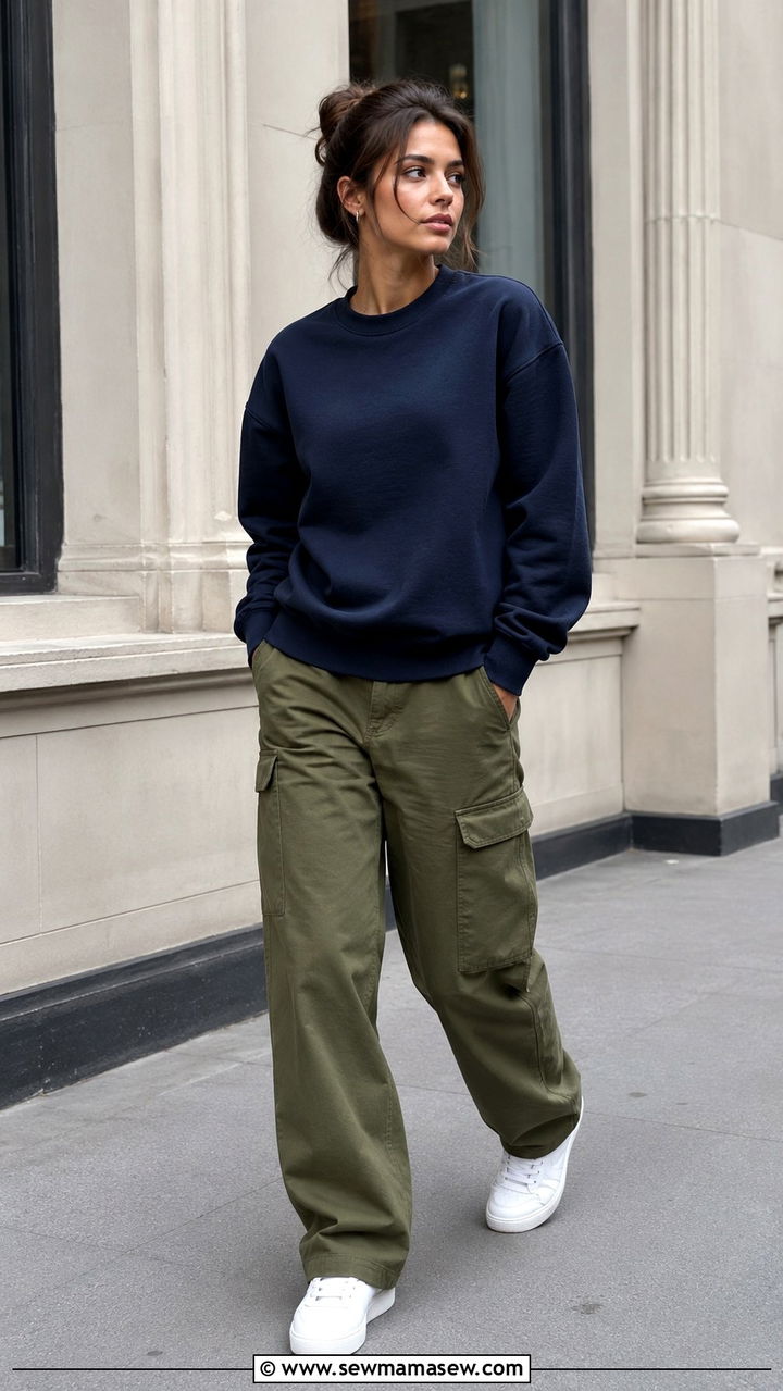 Navy crewneck sweater with cargo pants - 30 Spring outfits with sweaters