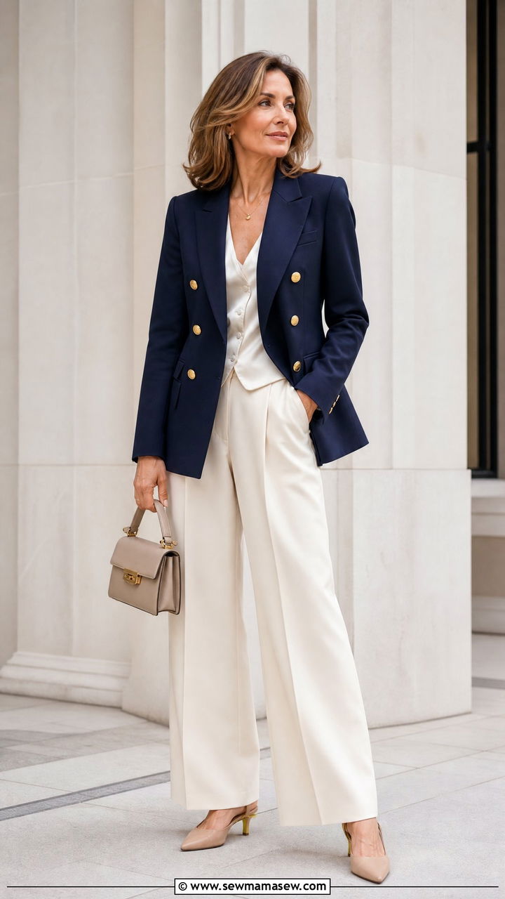 Navy double breasted relaxed blazer with ecru wide leg trousers - 30 Elevated casual outfit ideas for women over 40