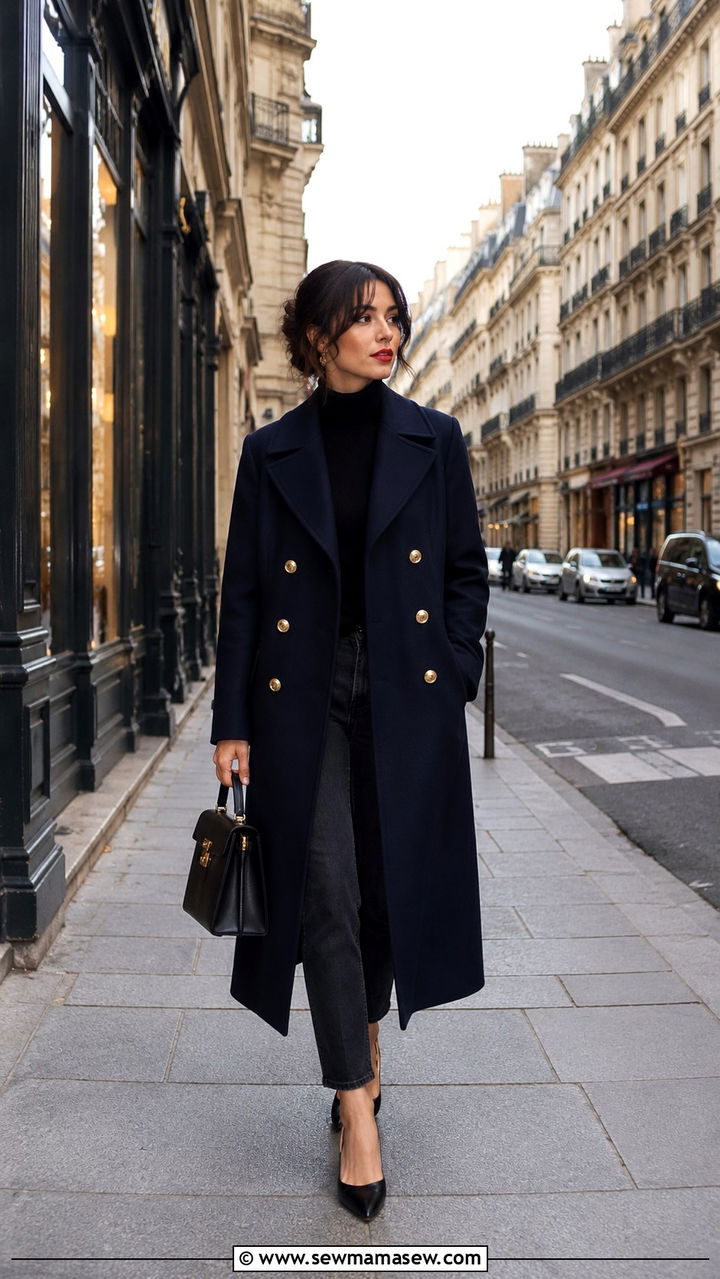 Navy double breasted wool coat - 20 French girl outfit ideas Lea Seydoux