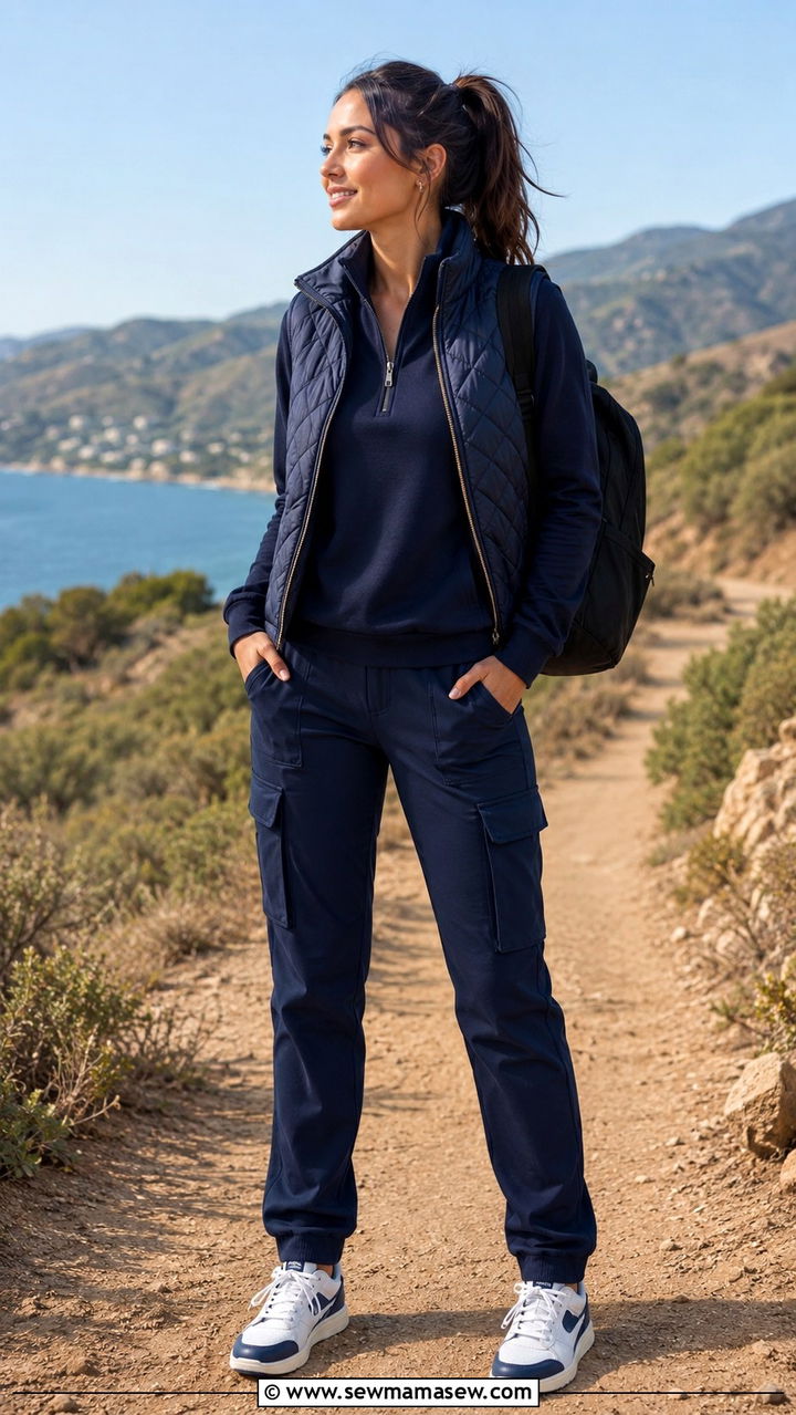 Navy half zip sweater and cargo pants set - 30 Sweater and pants matching set outfit ideas