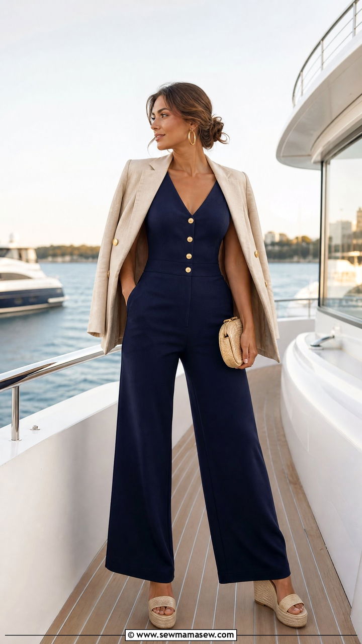 Navy jumpsuit with gold buttons - 30 summer nautical outfit ideas