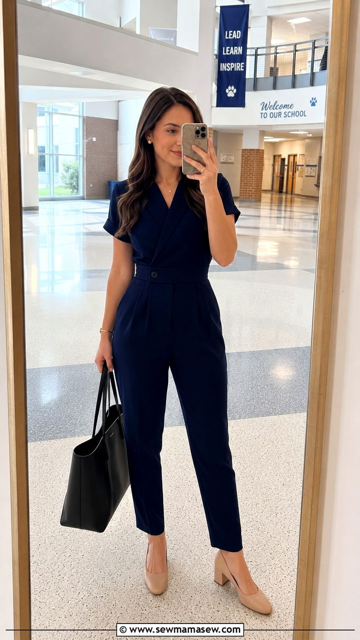 Navy jumpsuit with low heels outfit - 30 Interview outfit ideas for teachers