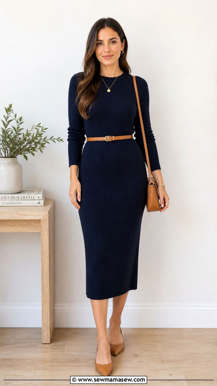 Navy knit midi dress with tan accessories - 40 Business trip outfit ideas