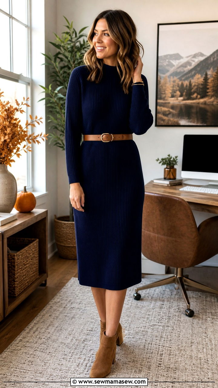 Navy knit midi dress with tan belt and ankle boots outfit - 40 New job outfit ideas